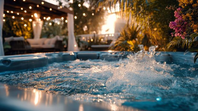 Un jacuzzi bouillonnant au coucher du soleil, avec des guirlandes lumineuses illuminant une terrasse extérieure accueillante en arrière-plan.