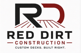 Red Dirt Construction logo with black and red “RD” and tagline “Custom decks. Built right.”