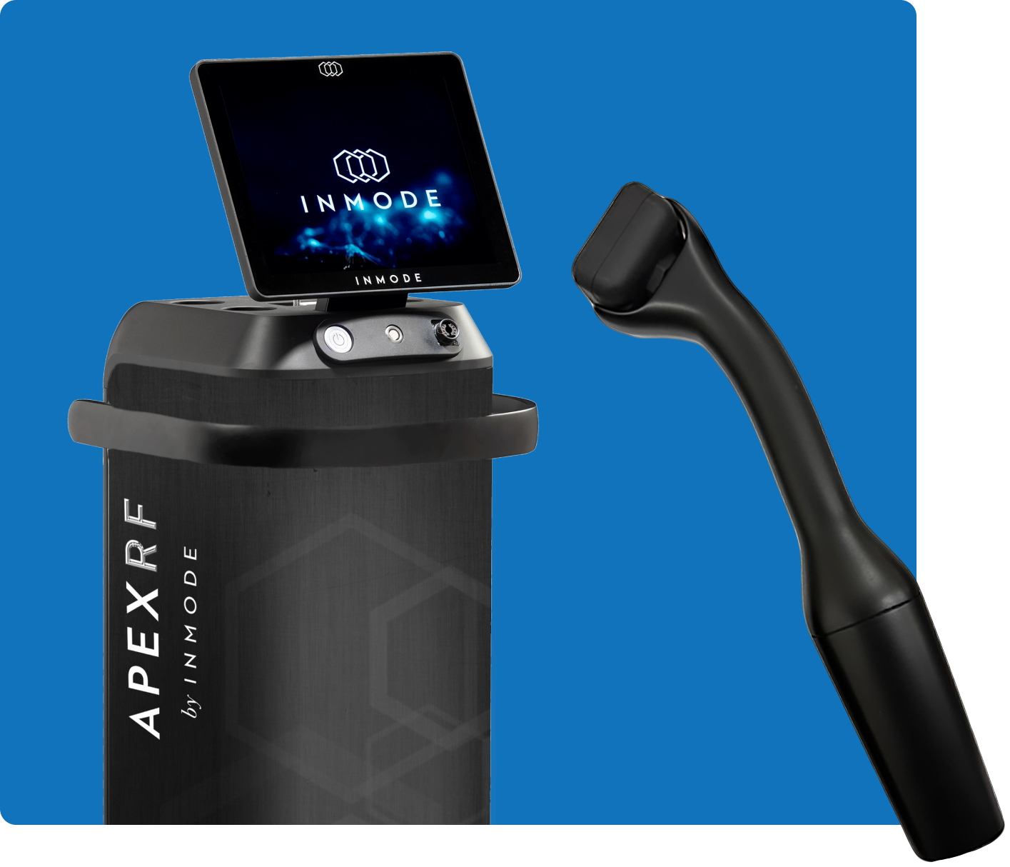 A medical device with a tablet screen, and a microneedling tool, on a blue background.