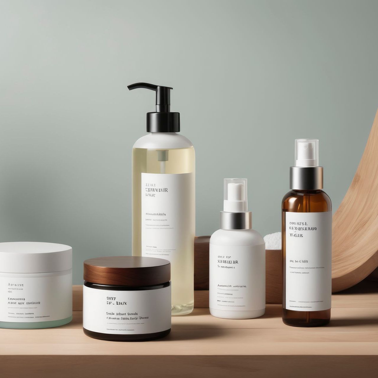 Skincare products arranged on a wooden shelf against a light green backdrop.