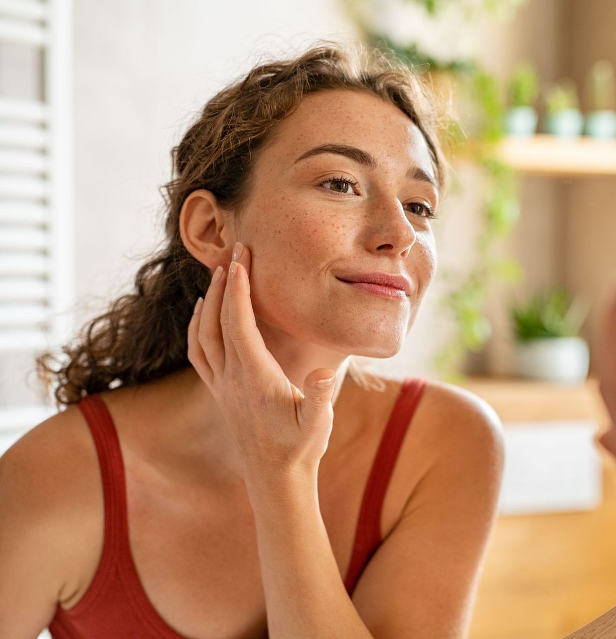 Woman touches her face while looking in a bathroom mirror. She wears a red tank top and smiles.