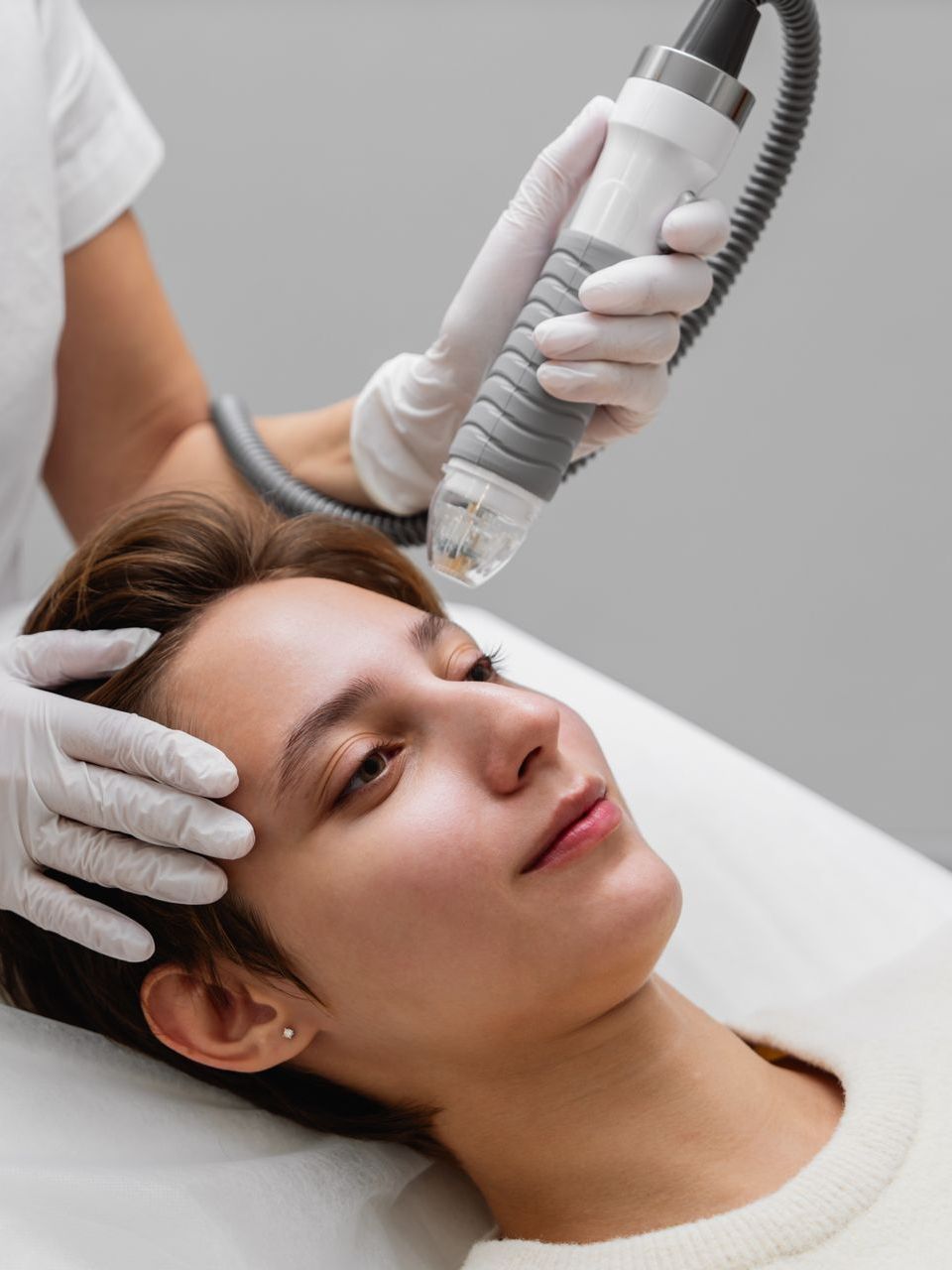 Woman receiving facial treatment with a handheld device. Person in white gloves and a white top.