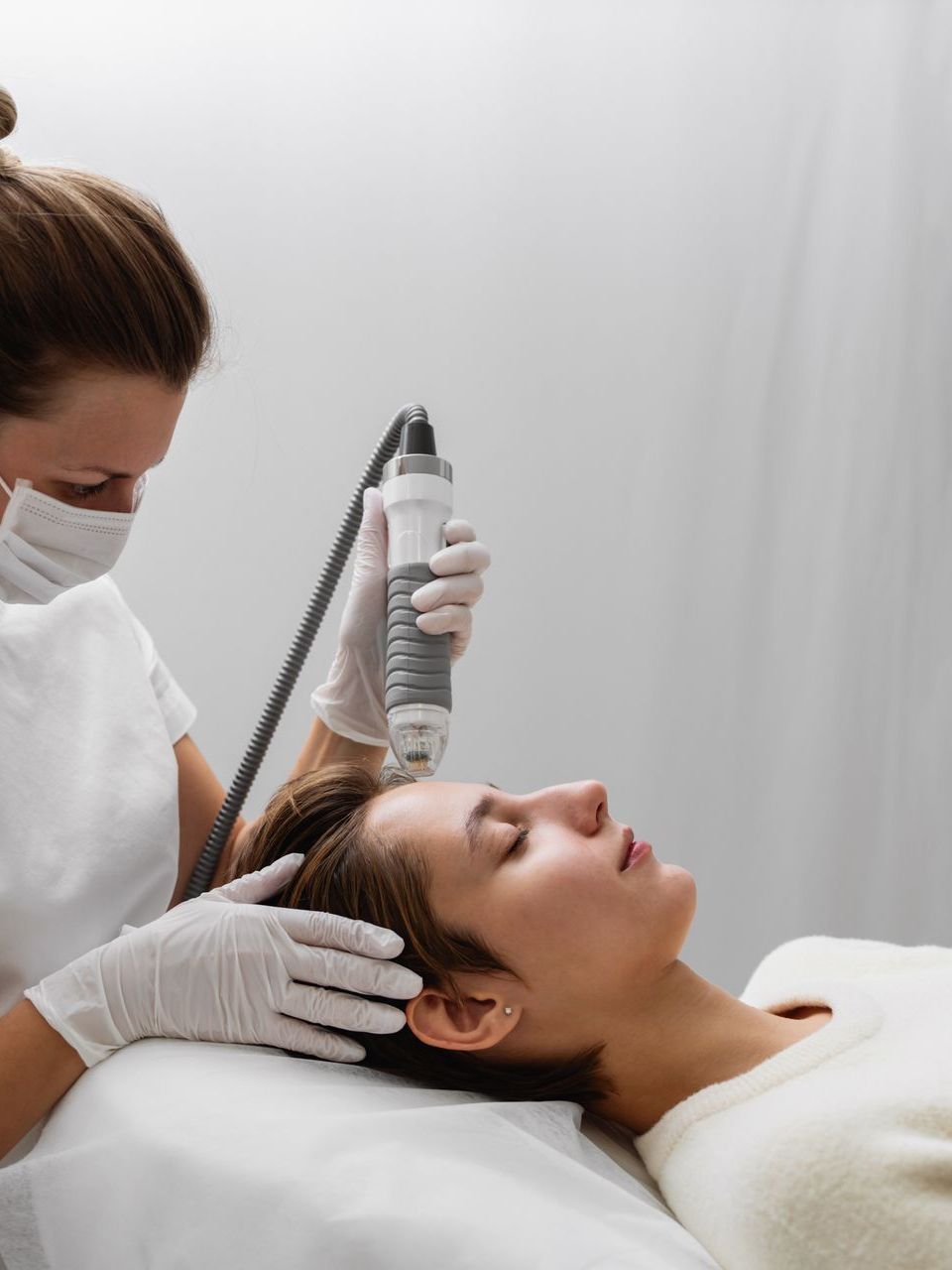 Woman receiving scalp treatment at a clinic. Technician in mask and gloves uses device.
