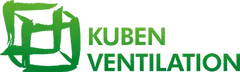 Grænt merki með orðunum „Kuben Ventilation“. Merkið er abstrakt teningslaga.