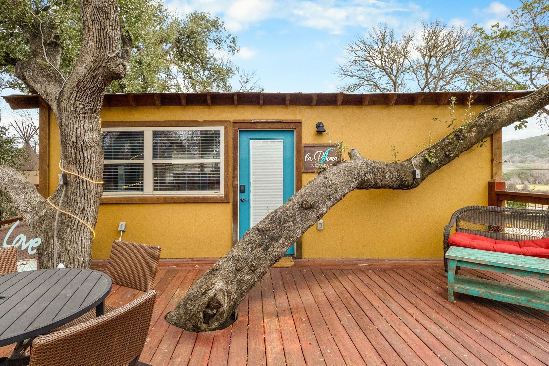 Yellow cabin with tree growing through the deck and wall; turquoise door, brown wood deck, and bench.