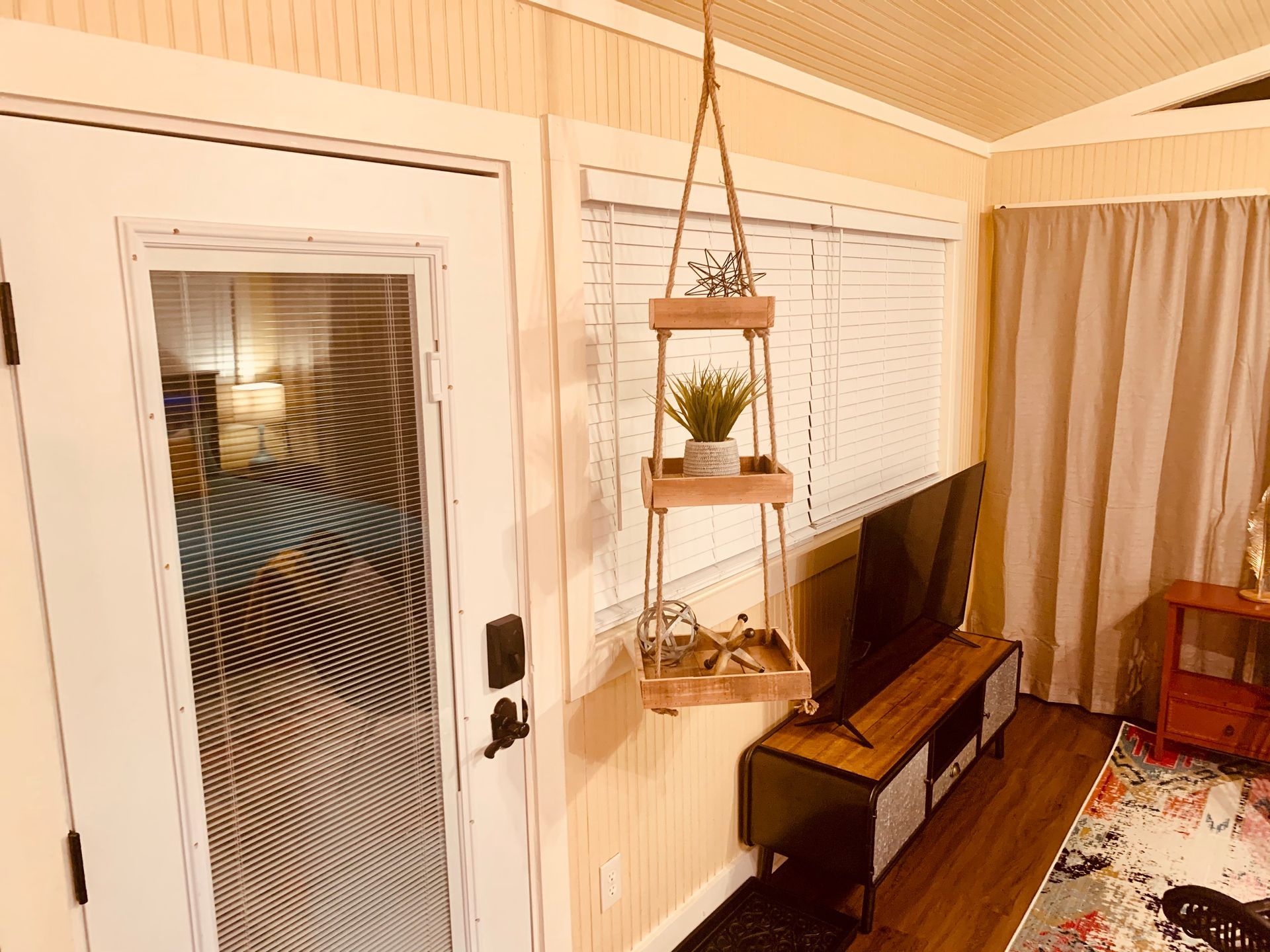 Indoor space with hanging plant shelf, TV, door, window with blinds.