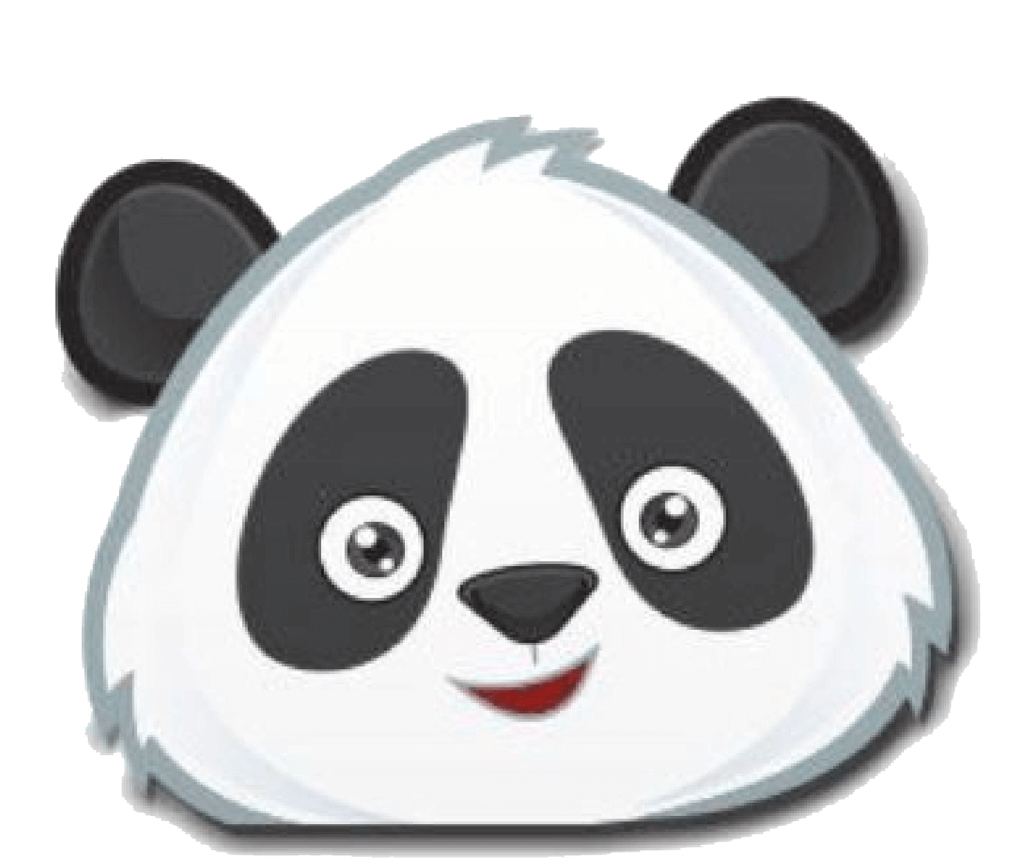 Smiling panda face, white with black ears and eye patches, red mouth.