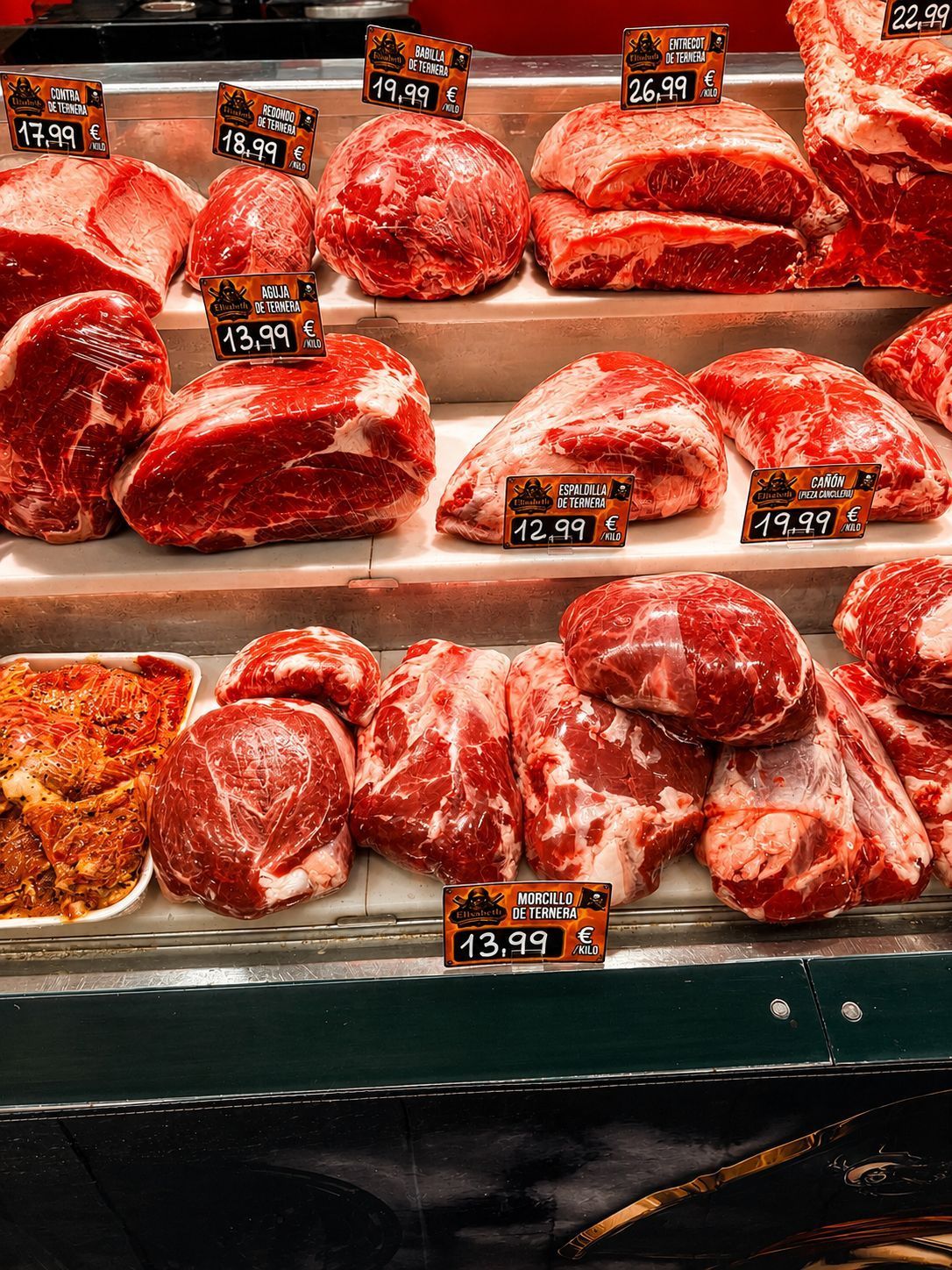 Variedad de filetes y asados ​​crudos expuestos en una vitrina de carnicería con etiquetas de precio.