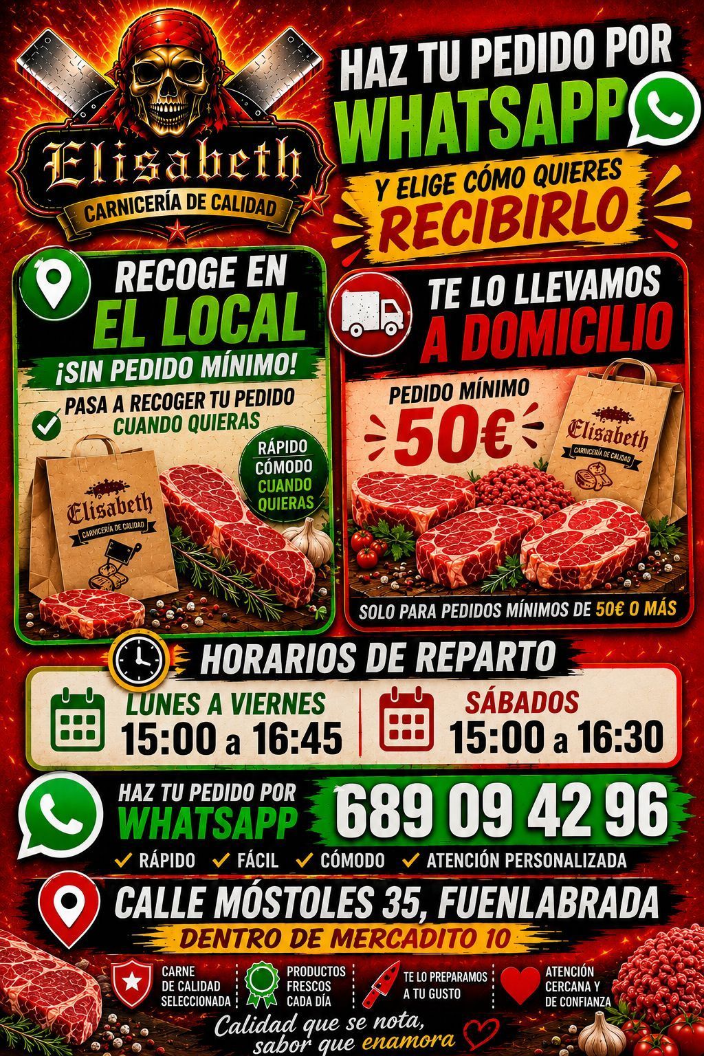 Folleto del restaurante Elisbeth con servicio a domicilio y para llevar, con número de WhatsApp, horario, menú y promoción de 50€.