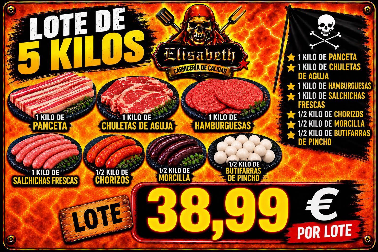 Promoción de lote de 5 kilos de fuegos artificiales, fondo rojo y negro, precio 38,99 €