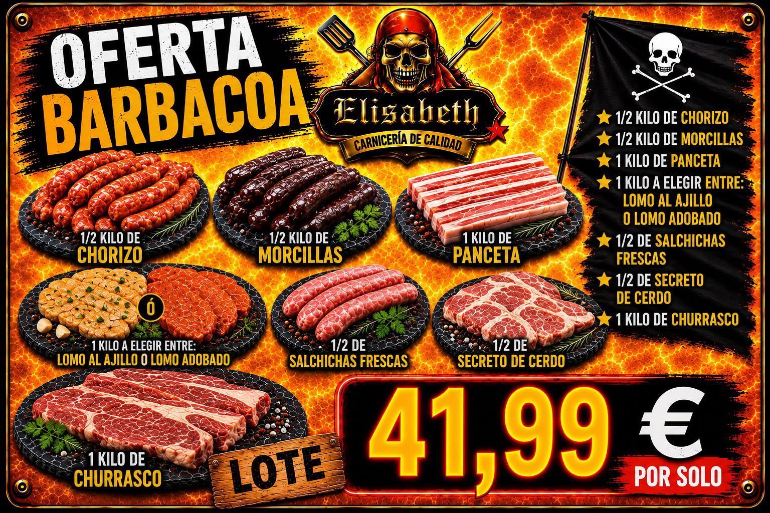 Cartel de venta de carne para barbacoa con fondo de fuego y cortes variados, precio 41,99€ en letra grande.