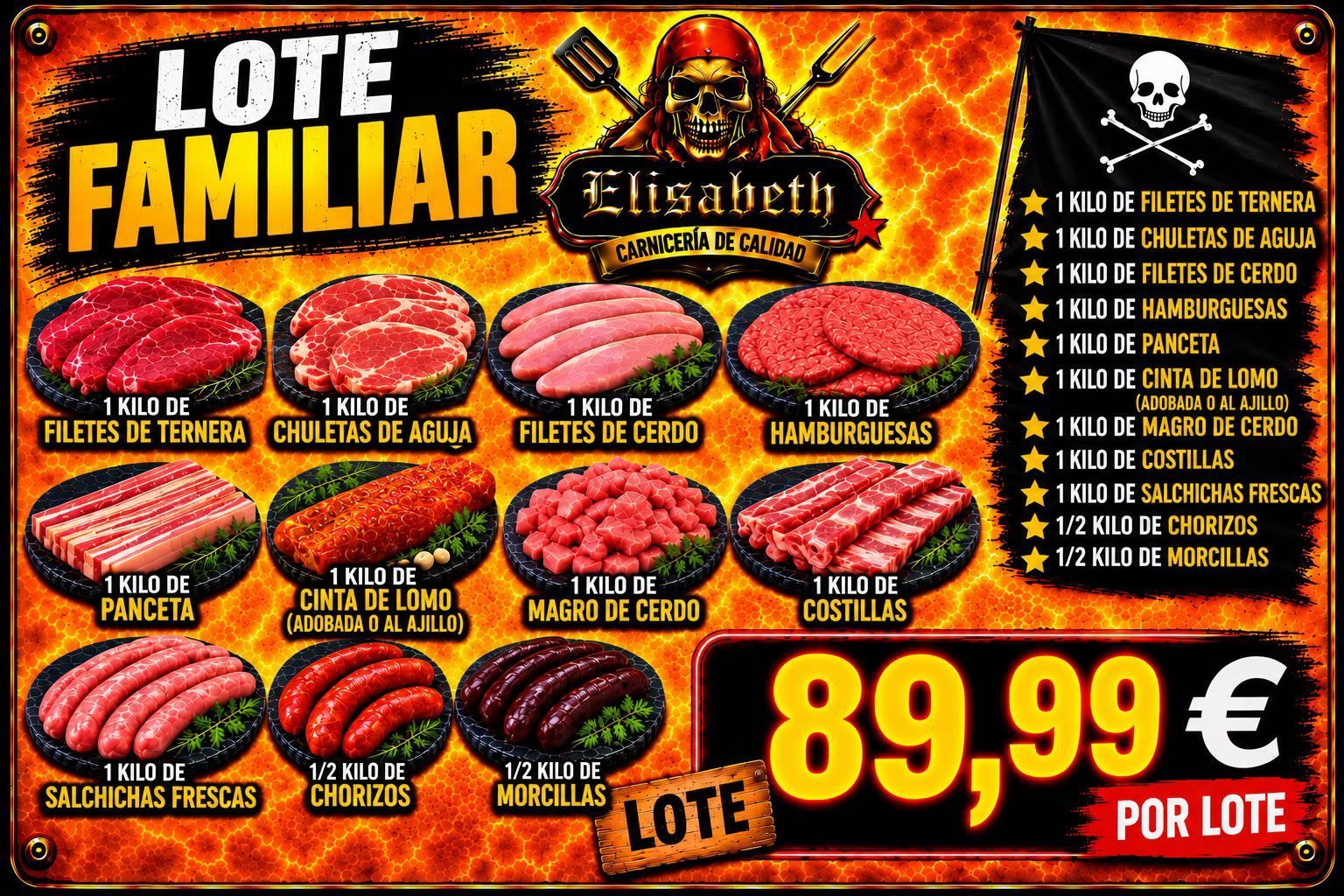 Promoción de Halloween “Lote Familiar” con dulces de temática de terror y precio de 89,99€ sobre fondo de fuego.