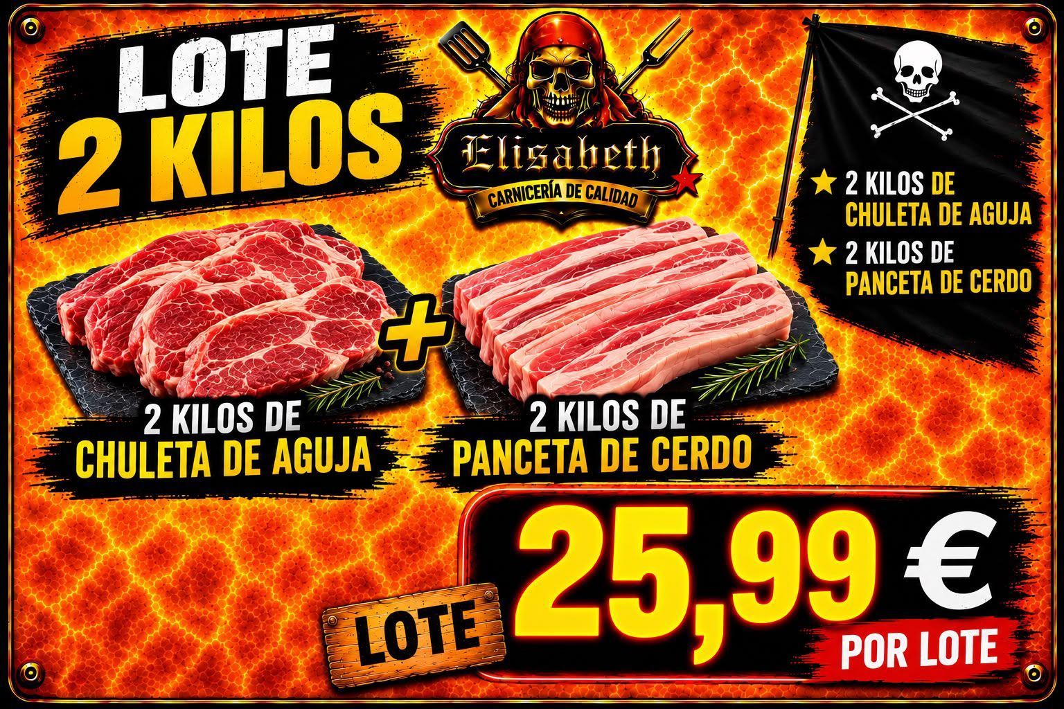 Promoción de carne: lote 2 kilos, chuleta de aguja y panceta de cerdo por 25,99 € sobre fondo rojo y negro