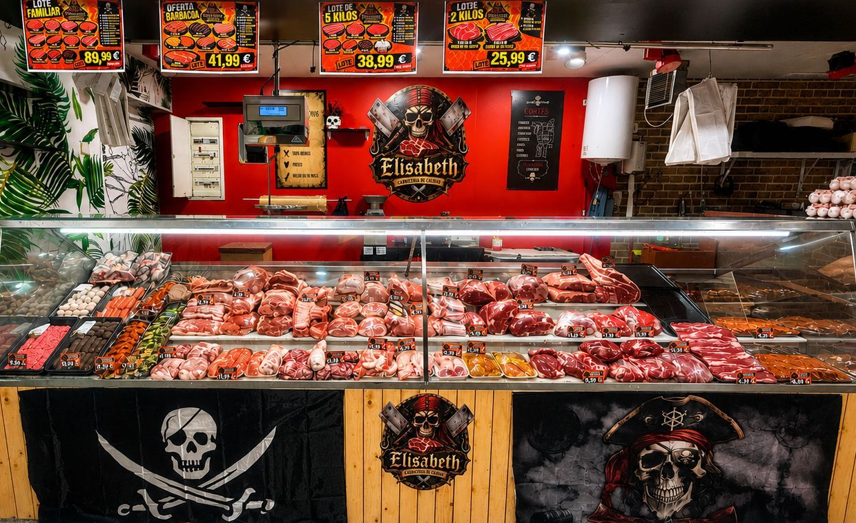Vitrina colorida para carne en una carnicería con letreros rojos y decoraciones con motivos de calaveras.