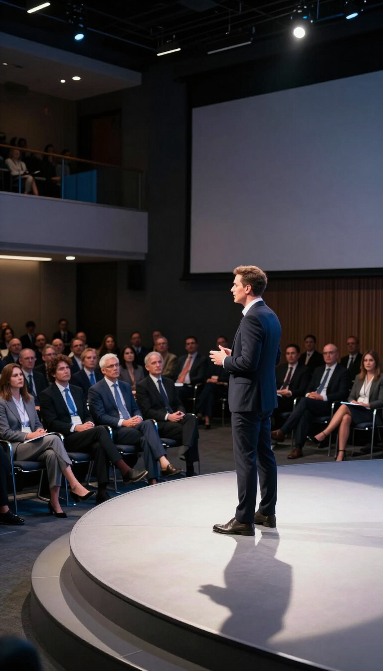 Executive keynote speaker on stage at a leadership conference