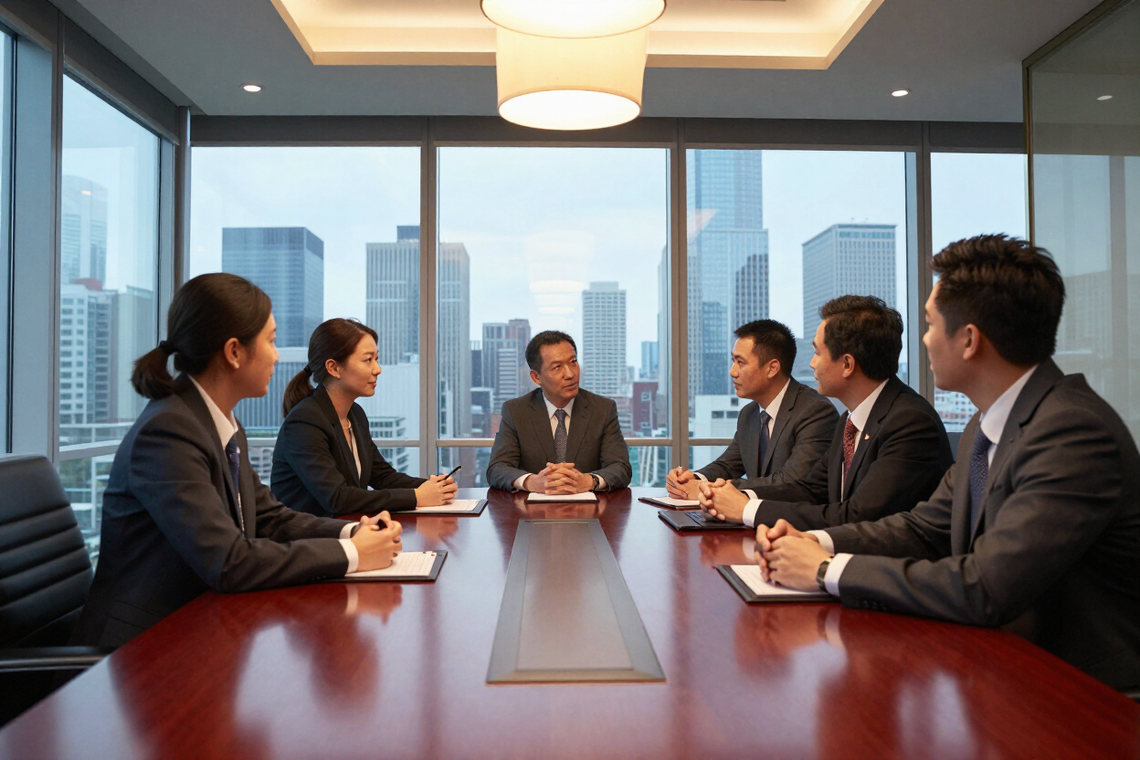 Executives in engaged boardroom conversation