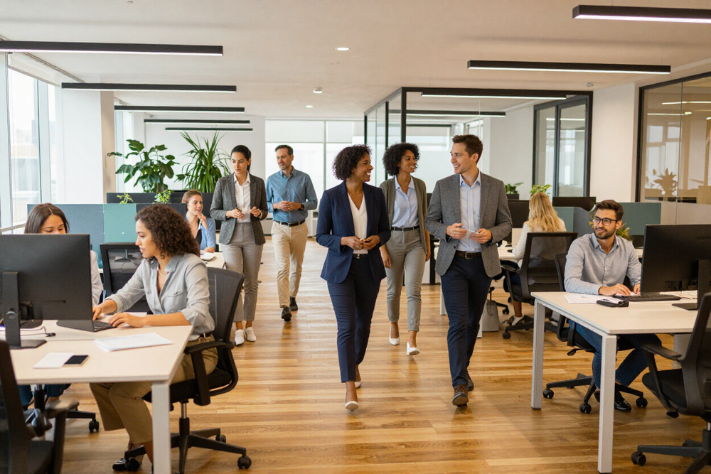 Leaders engaging with teams in a healthy organizational culture