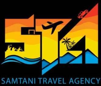 The logo for the samtani travel agency shows a plane flying over a beach.