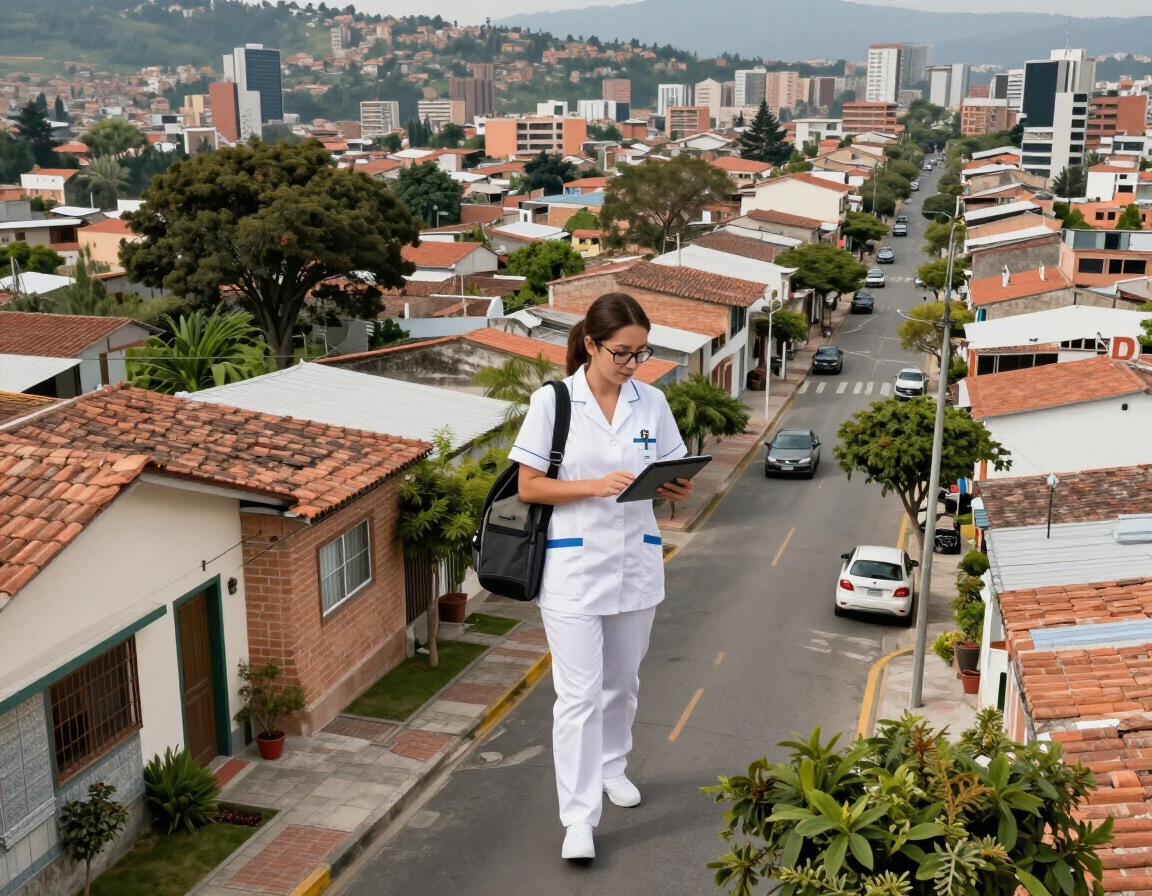 Enfermera con uniforme blanco caminando por una calle de un barrio en la ladera de una colina, mirando su teléfono.