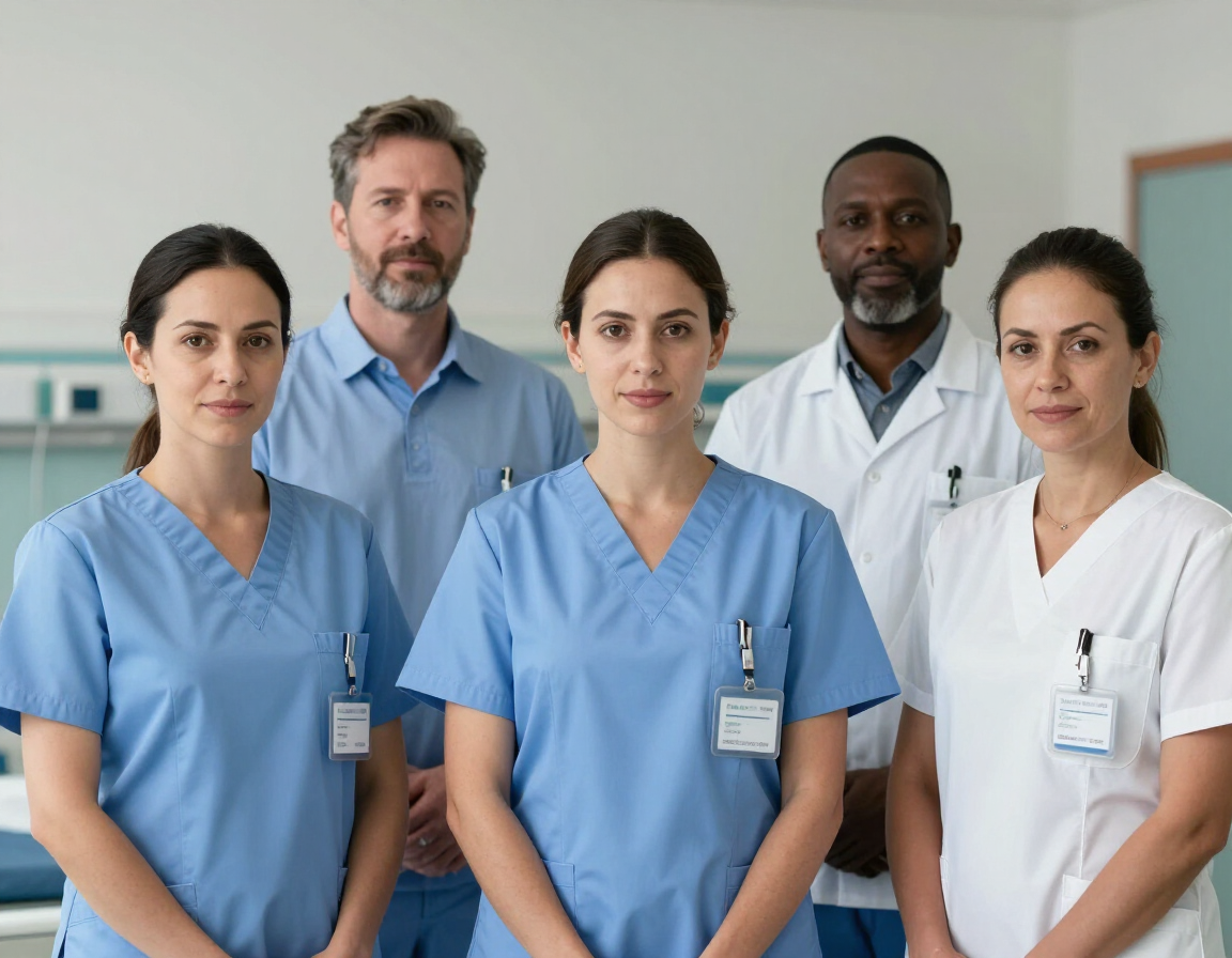 Cuatro miembros del personal médico, vestidos con uniformes quirúrgicos y batas de laboratorio