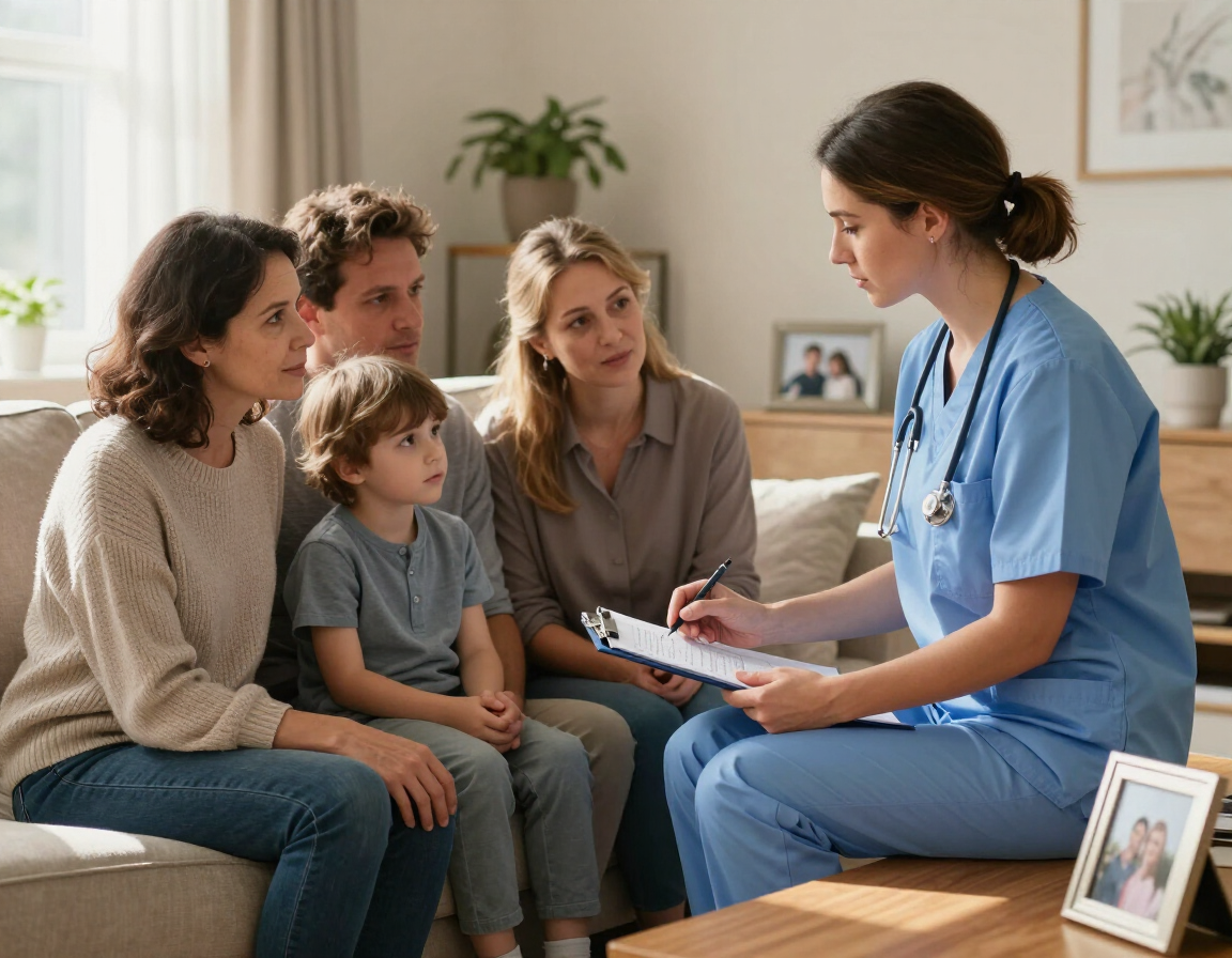 Un médico con bata azul habla con una familia sentada en un sofá en la sala de estar.