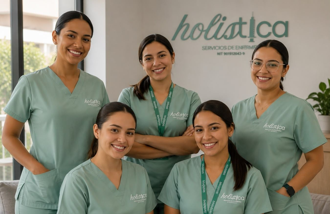 Cinco empleados con uniformes verdes posan frente a un letrero de la clínica Holistica.