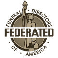 Federated Funeral Directors of America logo in black and tan with circular emblem and casket icon