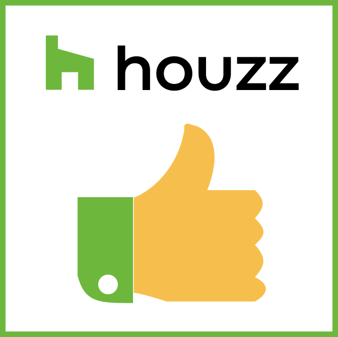 Houzz logo with thumbs up symbol. Green house icon. Yellow thumbs up, green wrist.