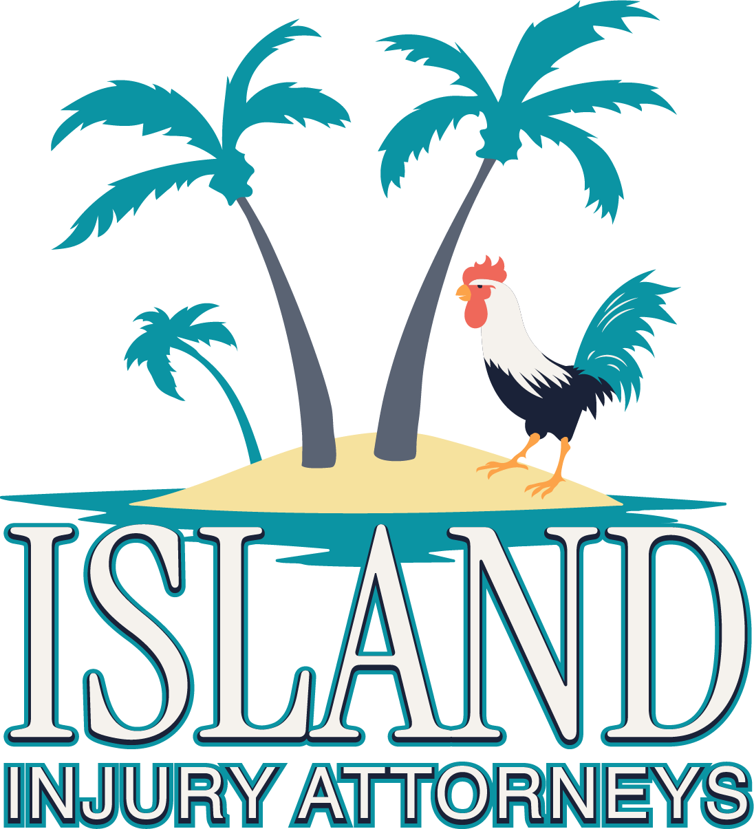 Logo: Tropical island scene with palm trees and rooster,