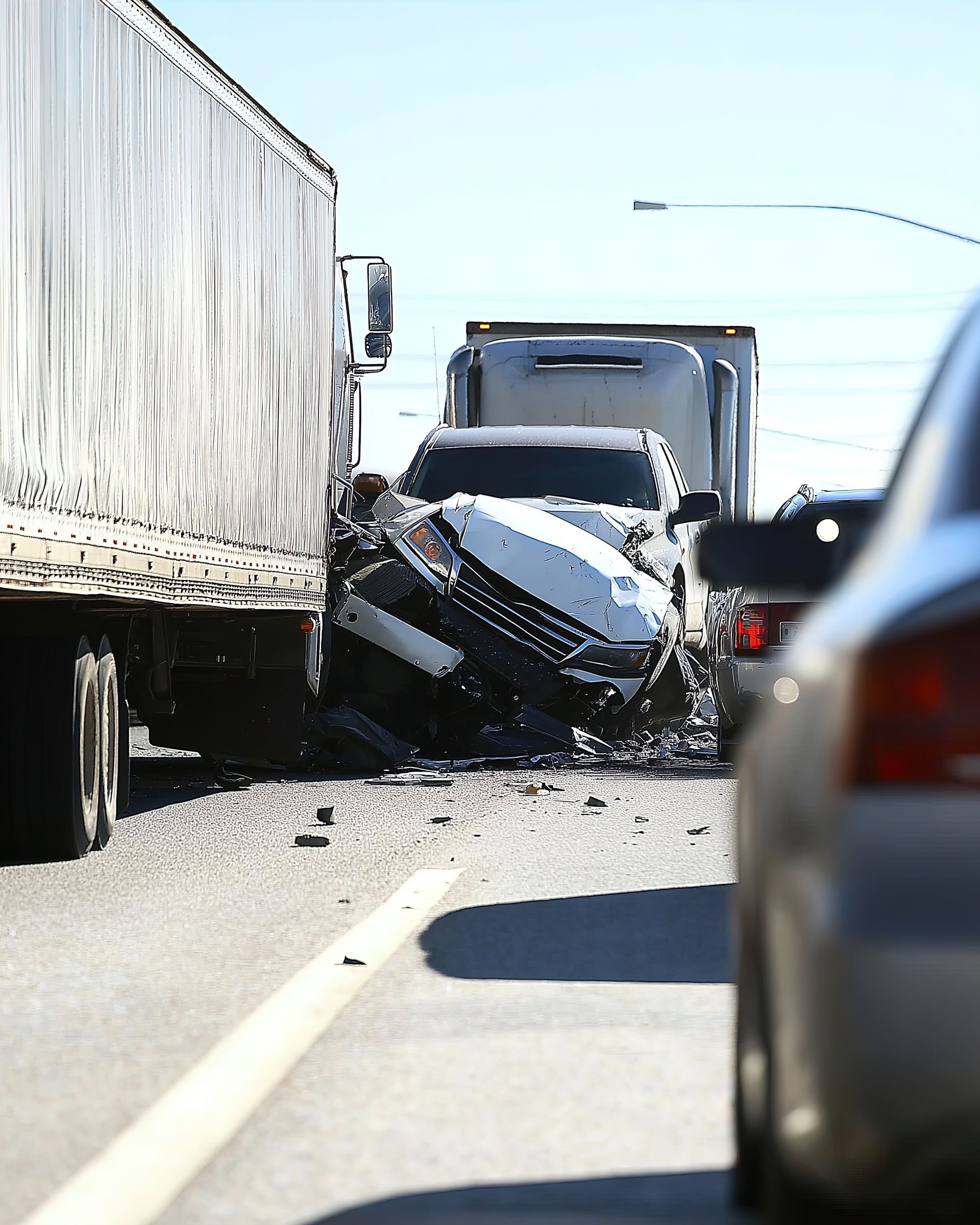 Multi-vehicle highway crash with a crushed car between trucks and debris scattered on the road