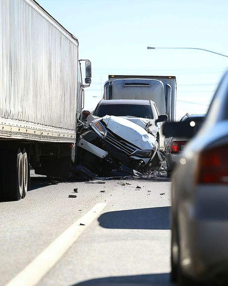 Multi-vehicle highway crash with a crushed car between trucks and debris scattered on the road