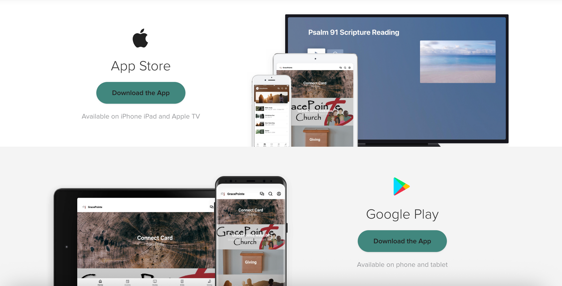 App Store and Google Play download buttons, with examples on iPhone, iPad, and a TV screen.