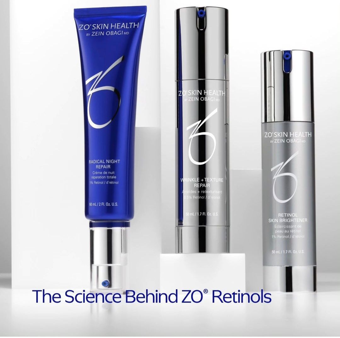 Three ZO Skin Health retinol skincare products: blue, silver, and gray bottles, on a white surface.