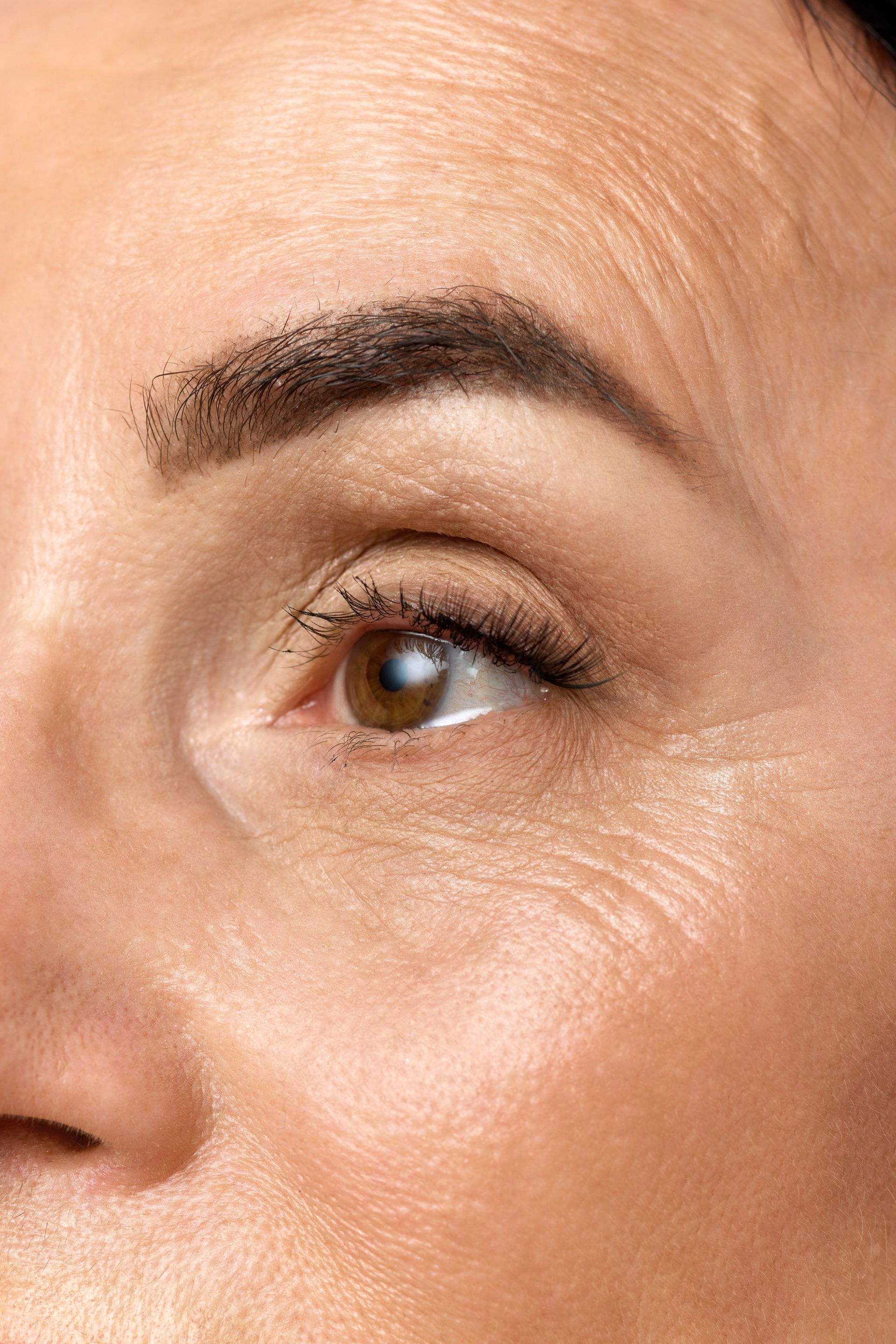 Close-up of a person's eye, showing wrinkles around the eye and brow; brown eye and eyebrow.