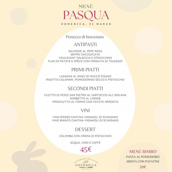 un menù di Pasqua con sopra un coniglietto