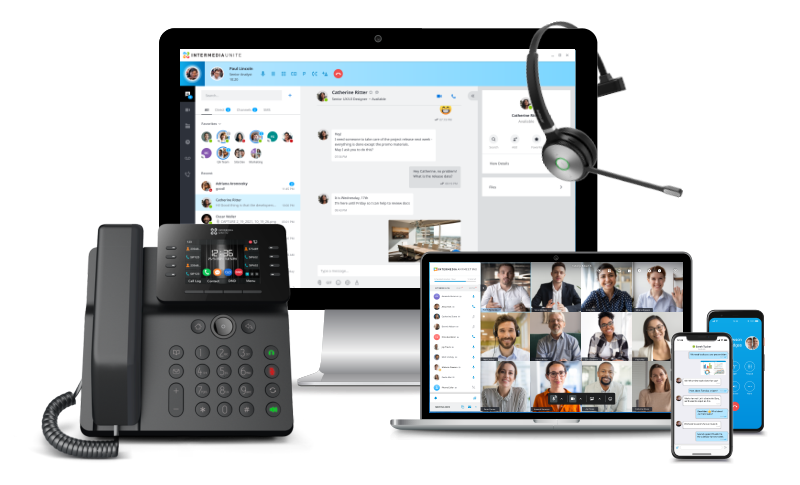 Business communication devices on desk: desk phone, headset, laptop with video call, smartphone, and monitor.