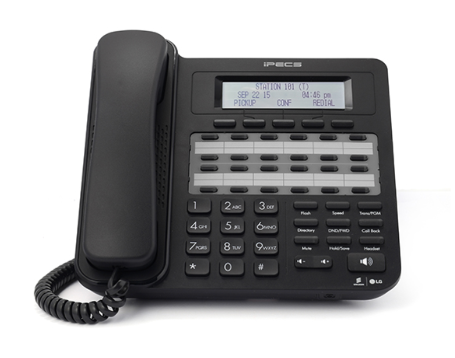 A black telephone with a cord is on a white background.