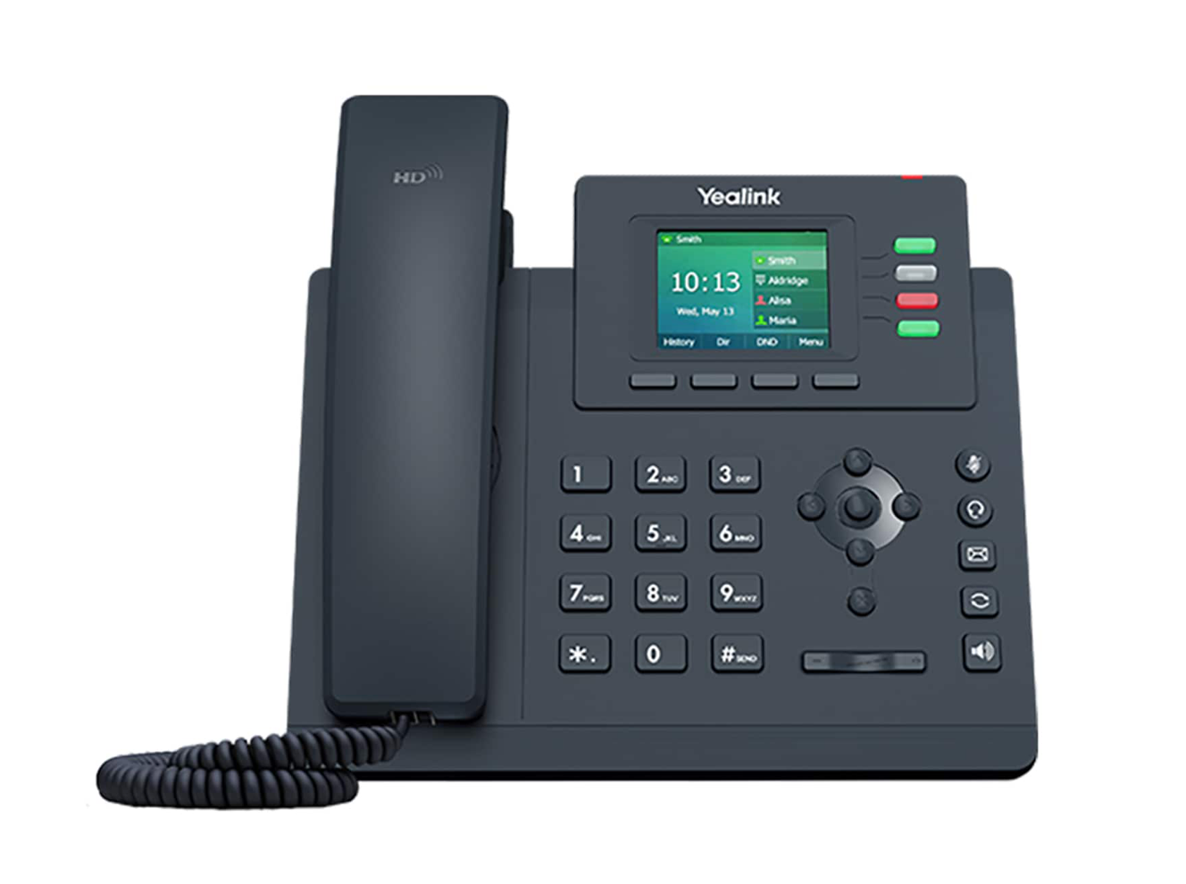 A black ip phone with a screen on a white background.