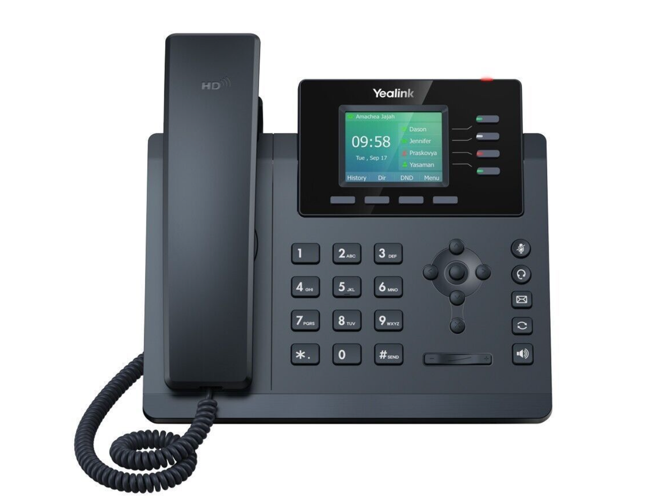 A black telephone with a screen that says 9:50 on it