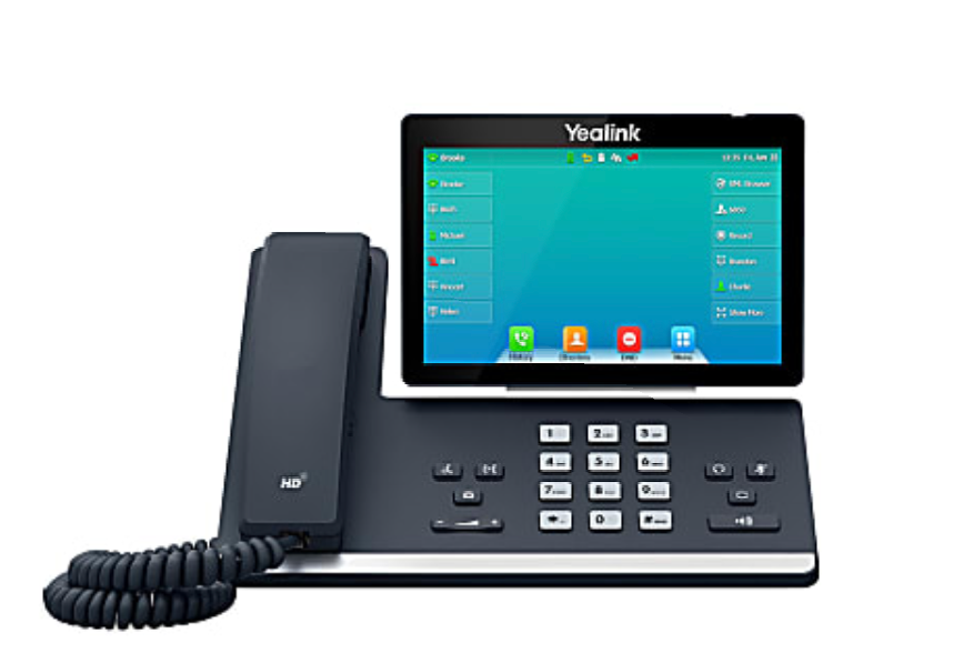 A yealink phone with a tablet attached to it.