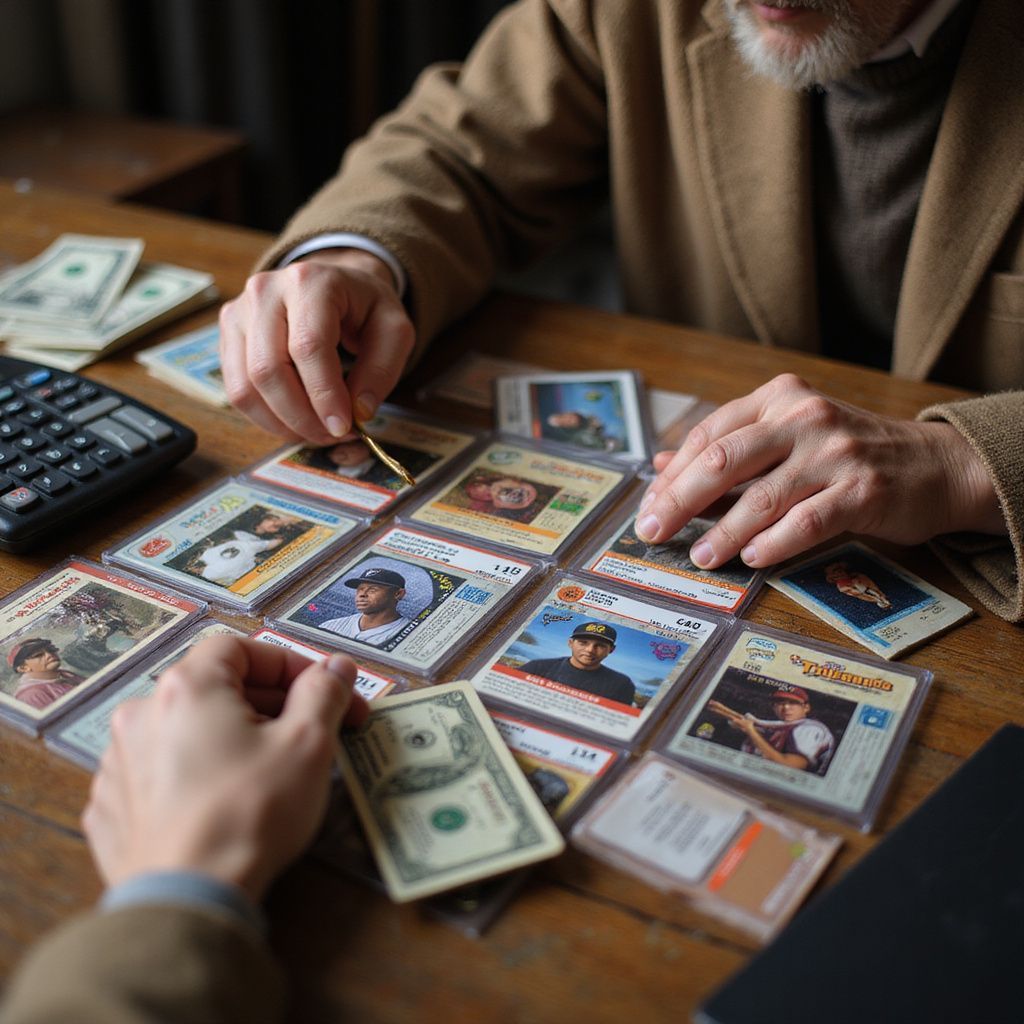 Two people negotiate over a collection of baseball cards on a wooden table with currency and a calculator nearby.