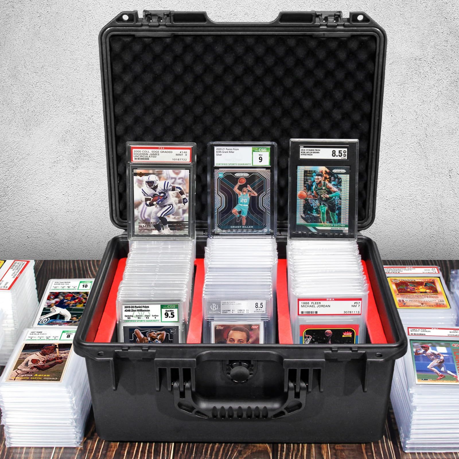 A black hard-shell carrying case filled with rows of graded sports cards, with stacks of cards resting outside the case.