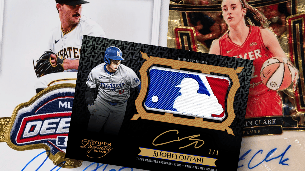 A collection of sports trading cards featuring a Los Angeles Dodgers player, a baseball logo patch, and two athletes.