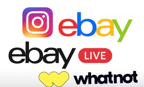 Logos of Instagram, eBay, eBay Live, and Whatnot, promoting online selling platforms.