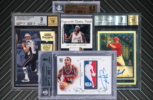 Graded sports cards in protective cases. Featuring football, basketball, and baseball cards.