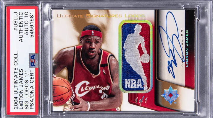 A graded LeBron James basketball trading card featuring an NBA logo patch, an autograph, and 