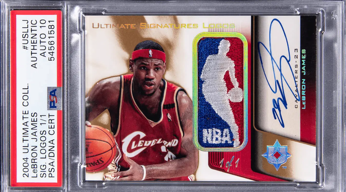LeBron James autographed basketball card with logo patch, graded by PSA.