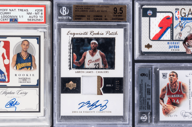 Close-up of graded basketball cards, including a LeBron James rookie card with patch and autograph.