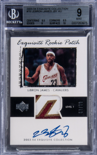 A graded LeBron James rookie card featuring a game-worn patch, an autograph, and the Exquisite Collection logo.