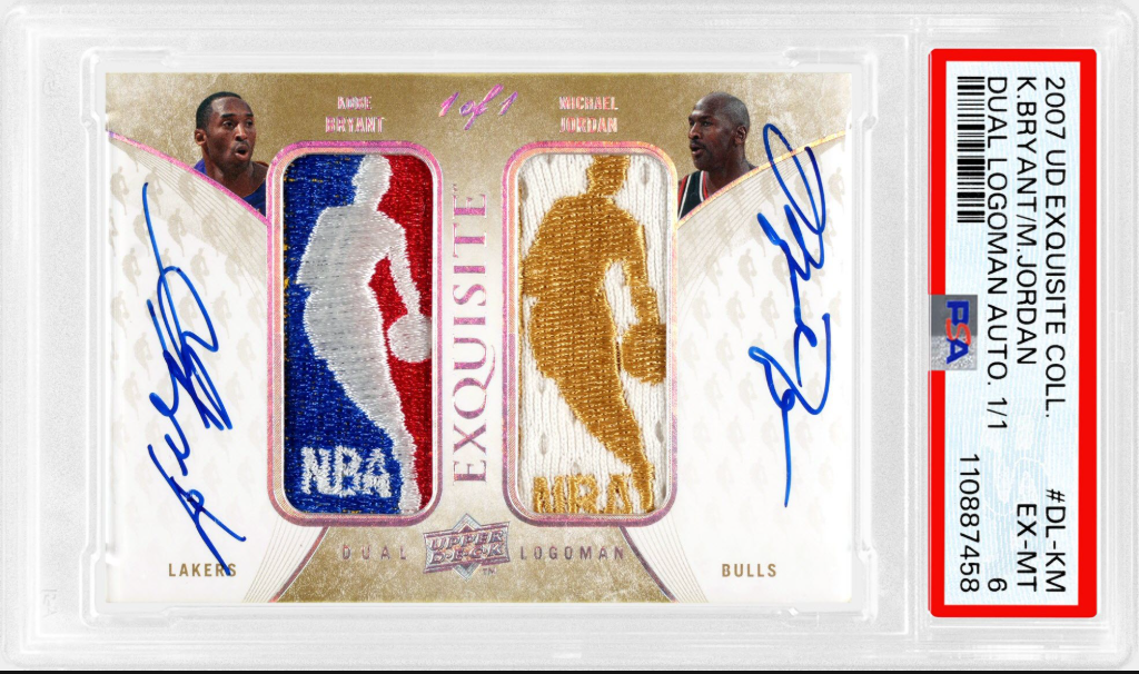 A 2007 Exquisite Collection Michael Jordan and Kobe Bryant dual autograph trading card in a PSA slab, labeled 1/1.